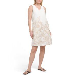 FRANCESCA BETTI  Italy Linen Blend Sleeveless Floral Border Print Mini Dress
